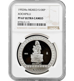 Mexico 100 pesos 1992 Mo, NGC PF67 UC, "Pre-Columbian - Xochipilli" silver coin