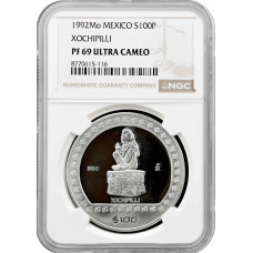 Mexico 100 pesos 1992 Mo, NGC PF69 UC, "Pre-Columbian - Xochipilli" silver coin