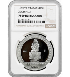 Mexico 100 pesos 1992 Mo, NGC PF69 UC, "Pre-Columbian - Xochipilli" silver coin