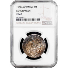 Веймарская Республика 3 рейхсмарки 1927 г. A, NGC PF67, "1000 лет Нордхаузену" Top Pop