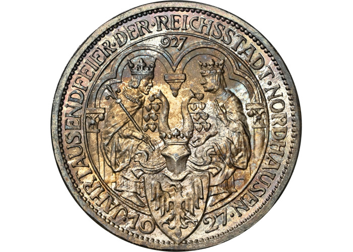Веймарская Республика 3 рейхсмарки 1927 г. A, NGC PF67, "1000 лет Нордхаузену" Top Pop