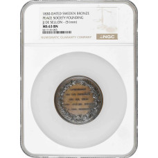 Sweden bronze medal 1830, NGC MS63 BN, "Peace Society Founding"