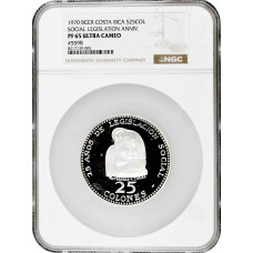 Costa Rica 25 Colones 1970, NGC PF65 UC, "Sozialgesetzgebung" Silbermünze