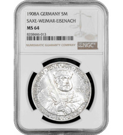 Sachsen-Weimar-Eisenach 5 Mark 1908, NGC MS64, "Universität Jena" Silbermünze