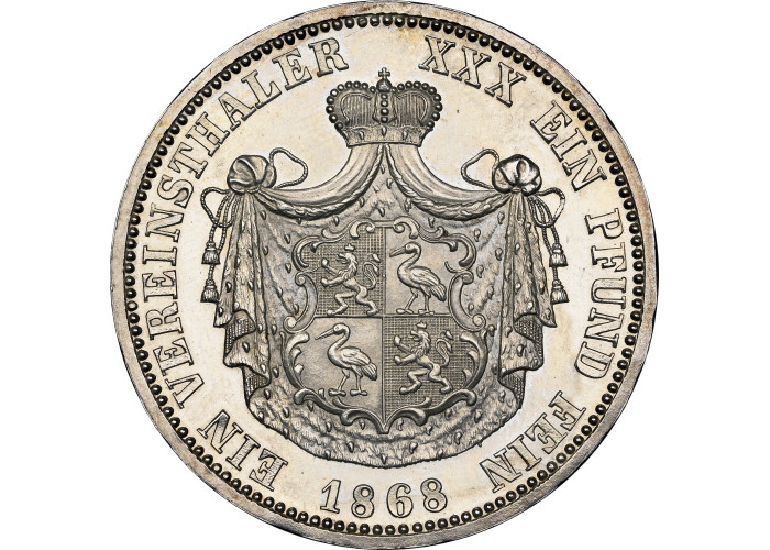 Рейсс-Грейц 1 талер 1868 г. A, NGC PF63 CAM, "Принц Генрих XXII (1867 - 1902)"
