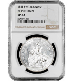 Швейцария 5 франков 1885 г., NGC MS62, "Стрелковый фестиваль в Берне"