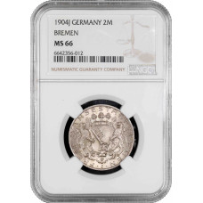 Бремен 2 марки 1904 г. J, NGC MS66, "Ганзейский город Бремен (1871 - 1918)"