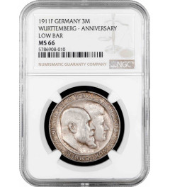 Würtemberg 3 Mark 1911 F, NGC MS66, "Silberhochzeit  von Wilhelm II & Charlotte"