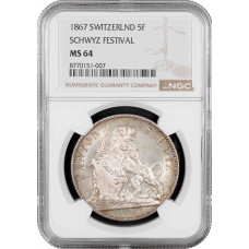 Schweiz 5 Franken 1867, NGC MS64, "Schwyzer Kantonalschützenfest" Silbermünze