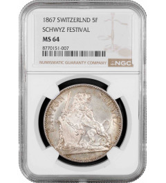 Schweiz 5 Franken 1867, NGC MS64, "Schwyzer Kantonalschützenfest" Silbermünze