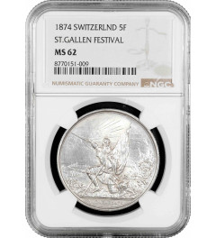 Schweiz 5 Franken 1874, NGC MS62, "Eidgenössisches Schützenfest in Sankt Gallen"