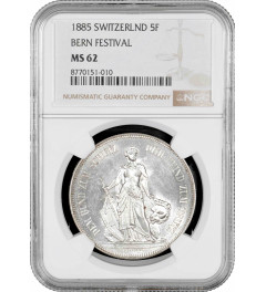 Schweiz 5 Franken 1885, NGC MS62, "Eidgenössisches Freischießen 1857 in Bern"