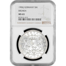 Бремен 5 марок 1906 г. J, NGC MS63, "Ганзейский город Бремен (1871 - 1918)"