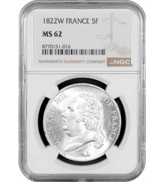 France 5 francs 1822 W, NGC MS62, "King Louis XVIII (1815 - 1824)" silver coin