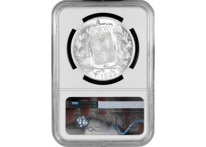 France 5 francs 1822 W, NGC MS62, "King Louis XVIII (1815 - 1824)" silver coin