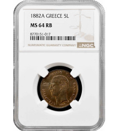 Greece 5 lepta 1882 A, NGC MS64 RB, "King George I (1863 - 1922)"