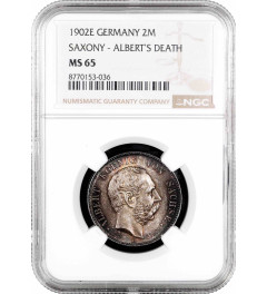 Saxony 2 mark 1902 E, NGC MS65, "Death of Albert of Saxony" silver coin