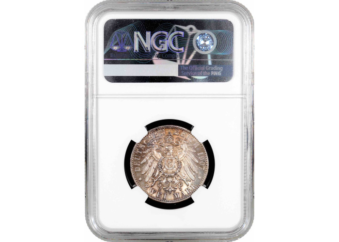 Baden 2 mark 1907 G, NGC MS62, "Grand Duke Frederick I (1856 - 1907)"