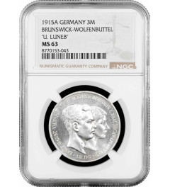 Brunswick-Wolfenbuttel 3 mark 1915, NGC MS63, "Ernst August Wedding & Accession"