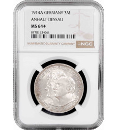 Anhalt-Dessau 3 mark 1914 A, NGC MS64+, "Frederick II and Marie von Baden"