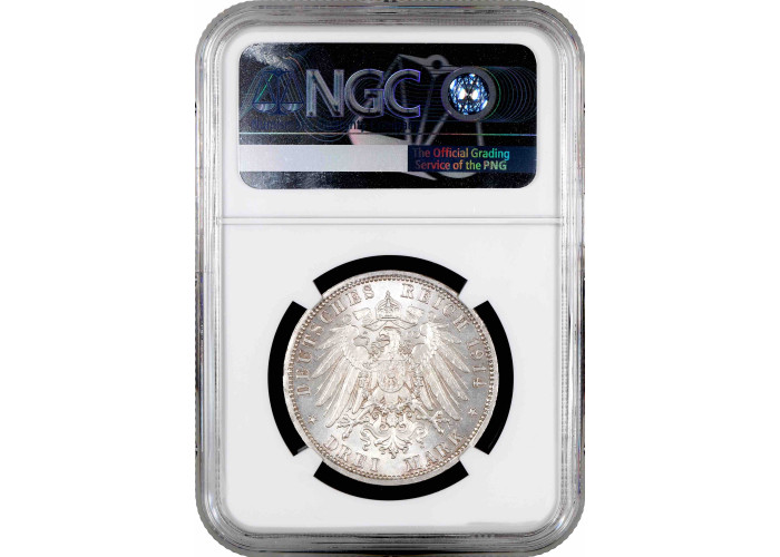 Anhalt-Dessau 3 mark 1914 A, NGC MS64+, "Frederick II and Marie von Baden"