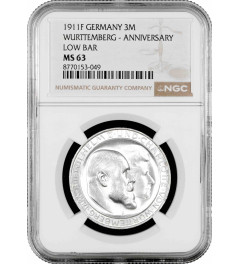 Wurttemberg 3 mark 1911 F, NGC MS63, "Silver Wedding of William II & Charlotte"