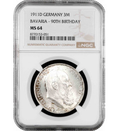 Bavaria 3 mark 1911 D, NGC MS64, "90th Anniv. - Birth of Prince Regent Luitpold"
