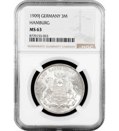 Hamburg 3 mark 1909 J, NGC MS63, "Free City (1871 - 1918)" silver coin