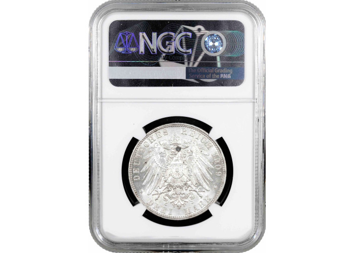 Hamburg 3 mark 1909 J, NGC MS63, "Free City (1871 - 1918)" silver coin