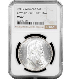 Bavaria 5 mark 1911 D, NGC MS63, "90th Anniv. - Birth of Prince Regent Luitpold"