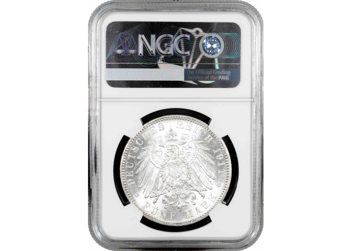 Bavaria 5 mark 1911 D, NGC MS63, "90th Anniv. - Birth of Prince Regent Luitpold"