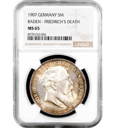 Baden 5 mark 1907, NGC MS65, "Death of Frederick I" silver coin