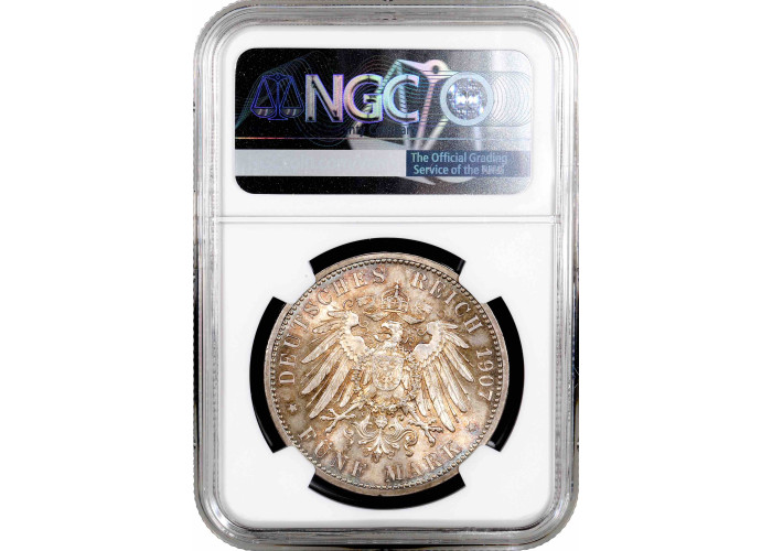 Baden 5 mark 1907, NGC MS65, "Death of Frederick I" silver coin