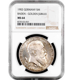 Baden 5 mark 1902, NGC MS64, "50th Anniversary - Reign of Friedrich I"
