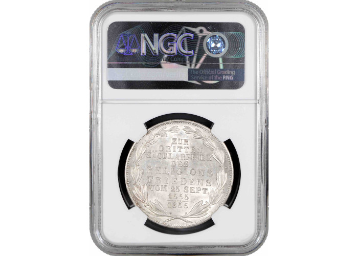 Frankfurt 2 gulden 1855, NGC MS62, "300th Anniversary - Religious Peace"