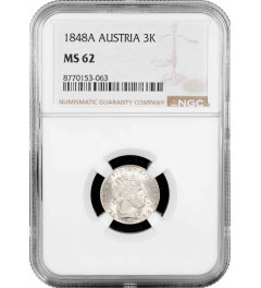 Austria 3 kreuzer 1848 A, NGC MS62, "Emperor Ferdinand I (1835 - 1848)"