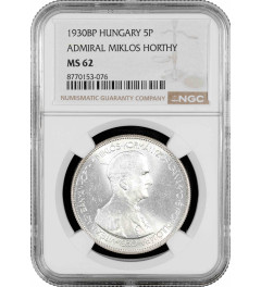 Hungary 5 pengo 1930 BP, NGC MS62, "Admiral Miklos Horthy" silver coin