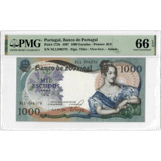 Portugal 1000 Escudos 1967, PMG 66 EPQ, "Banco de Portugal" Pick# 172b
