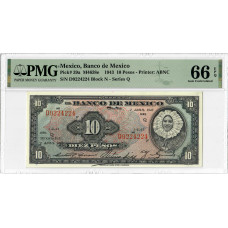 Mexico 10 Pesos 1943, PMG 66 EPQ, "Banco de Mexico" Pick# 39a