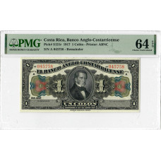 Costa Rica 1 Colon 1917, PMG 64 EPQ, "Banco Anglo-Costarricence" Pick# S121r