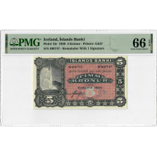 Island 5 Kronen 1920, PMG 66 EPQ, "Islands Banki" Pick# 15r