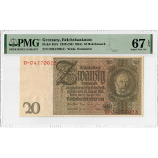 Germany 20 Reichsmark 1929 (ND 1945), PMG 67 EPQ, "Reichsbanknote" Pick# 181b