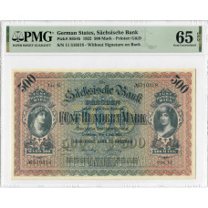 German States 500 Mark 1922, PMG 65 EPQ, "Sachsische Bank" Pick# S954b