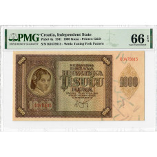 Croatia 1000 Kuna 1941, PMG 66 EPQ, "Independent State" Pick# 4a