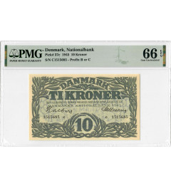 Denmark 10 Kroner 1945, PMG 66 EPQ, "Nationalbank" Pick# 37c