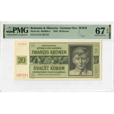 Bohemia & Moravia 20 Korun 1944, PMG 67 EPQ, "German Occ. WWII" Pick# 9a Top Pop