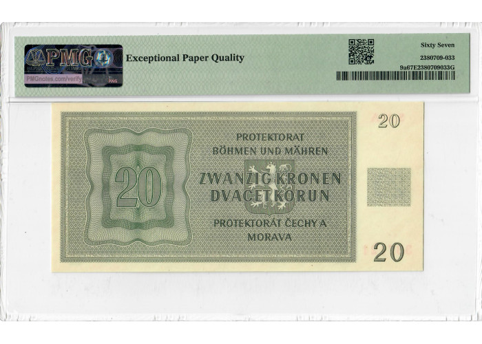 Bohemia & Moravia 20 Korun 1944, PMG 67 EPQ, "German Occ. WWII" Pick# 9a Top Pop
