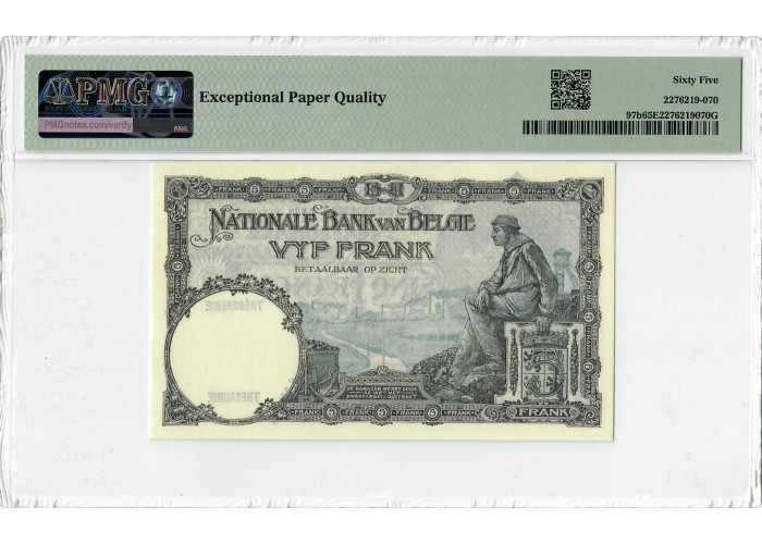 Бельгія 5 франків 1926-31, PMG 65 EPQ, "Національний банк", Pick# 97b