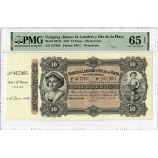 Uruguay 10 Pesos 1883, PMG 65 EPQ, „Banco de Londres y Rio de la Plata“ Pick# S242r