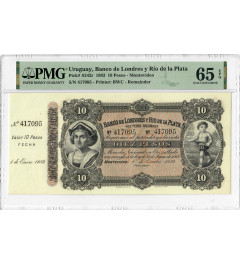 Uruguay 10 Pesos 1883, PMG 65 EPQ, „Banco de Londres y Rio de la Plata“ Pick# S242r